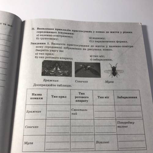 Н. Виявлення прикладів пристосувань у комах до життя у різних середовищах існування: а) наземно-пові