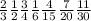 \frac{2}{3} \frac{1}{2} \frac{3}{4} \frac{1}{6} \frac{4}{15} \frac{7}{20} \frac{11}{30}