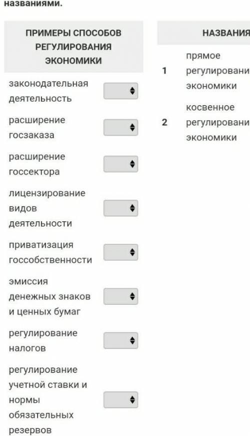 роль государства в экономике. Установите соотвествие между регулирования рынка со стороны государств