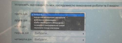 Усrановіть відповідність між послідовністю виконання роботи та її видом: