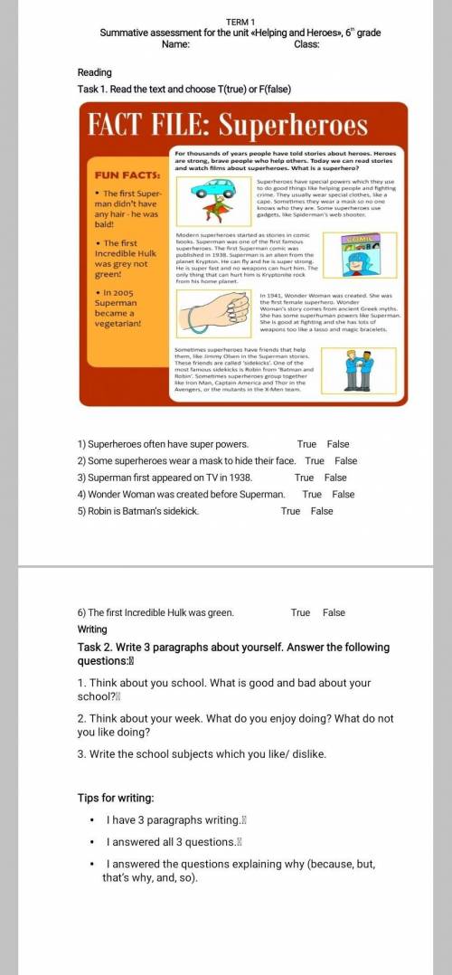 TERM 1 Summative assessment for the unit «Helping and Heroes», 6 grade Name: Class: Reading Task 1.