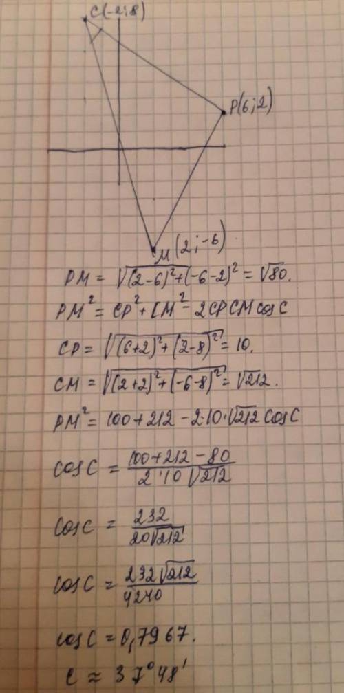 Известны координаты вершин треугольника СРМ: C(-2;8), Р(6;2), М(2;-6). Определите косинус угла с тре