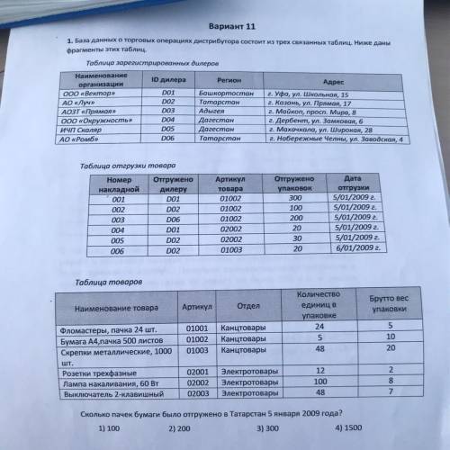 1. База данных о торговых операциях дистрибутора состоит из трёх связанных таблиц. Ниже даны фрагмен