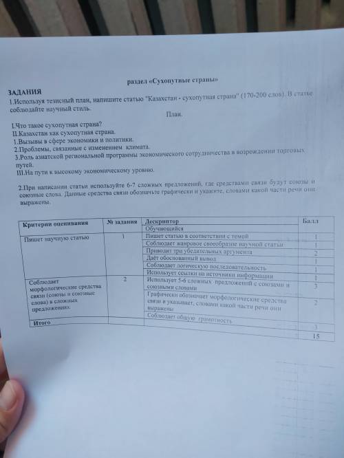 ЗАДАНИЯ 1. Используя тезисный план, напишите статью Казахстан - сухопутная стра (170-200 споw). В