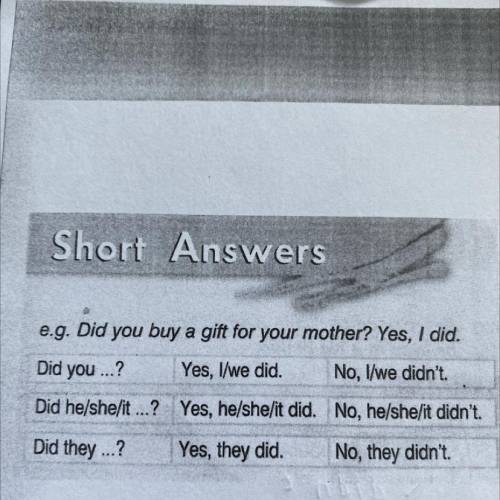 Short Answers e.g. Did you buy a gift for your mother? Yes, I did. Did you ...? Yes, I/we did. No, I