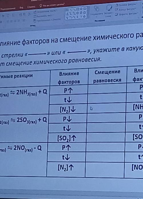 Используя срелочки укажите в какую сторону происходит смещение химисеского равновесия