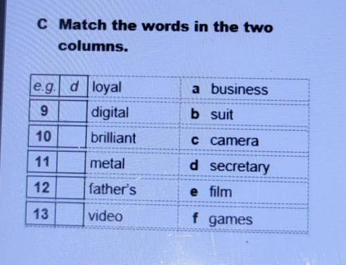 C Match the words in the two columns. a business e.g. d loyal 9 digital b suit 10 brilliant C camera