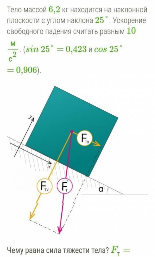 9 КЛАСС Тело массой 6,2 кг находится на наклонной плоскости с углом наклона 25°. Ускорение свободног