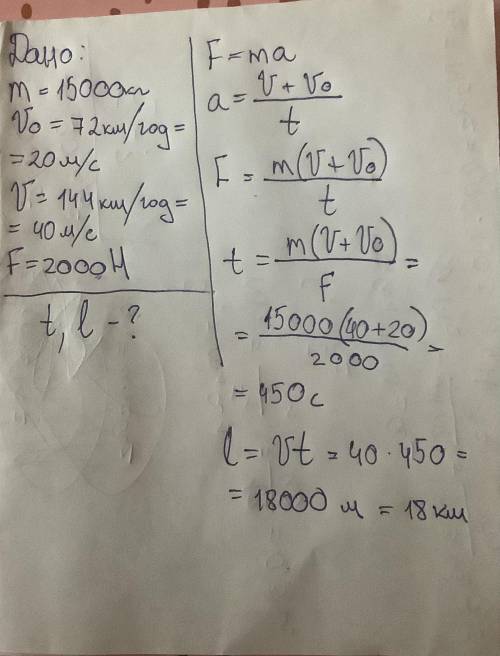 Двигаясь прямолинейно, автомобиль массой 15000кг за время t увеличивает свою скорость от 72км/ч до 1