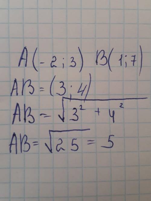 Знайдіть довжину вектора АВ, якщо А(-2; 3), В(1; 7)