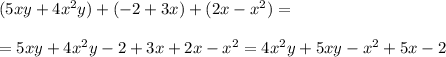 (5xy+4x^2y)+(-2+3x)+(2x-x^2)==5xy+4x^2y-2+3x+2x-x^2=4x^2y+5xy-x^2+5x-2