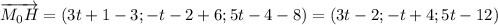 \overrightarrow{M_0H}=(3t+1-3;-t-2+6;5t-4-8)=(3t-2;-t+4;5t-12)