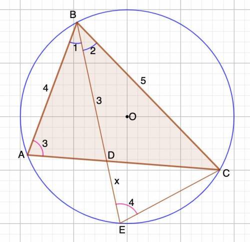 Биссектриса BD треугольника ABC продлена до пересечения с его описанной окружностью в точке E. Найди