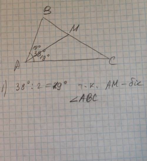 Кут при вершині A трикутника ABC дорівнює 38°, знайдіть кут MAC, якщо AM бісектриса трикутника плжал