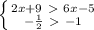 \left \{ {{2x + 9 \ \textgreater \ 6x - 5} \atop {-\frac{1}{2} \ \textgreater \ -1 }} \right.