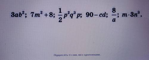 Підкресліть ті з них, які є одночленами 1) 3ab²2) 7m²+83) 1 – p² q³ p <дробь 24) 90-cd5) 8 – <