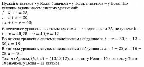 Уровень D. 6*. Реши задачуУ Коли и Толи вместе 28 значков, а у Толи и Вовы вместе 30 значков.Сколько