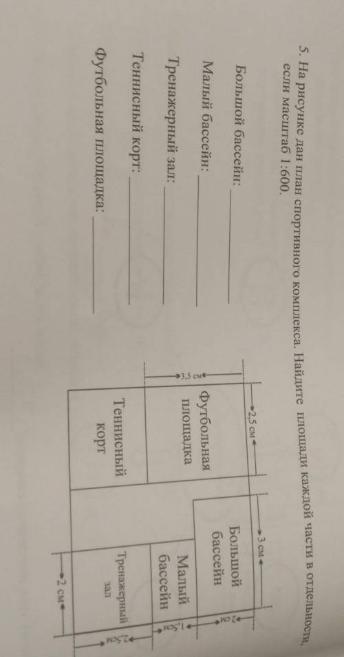 5. На рисунке дан план спортивного комплекса. Найдите площади каждой части в отдельности, если масшт