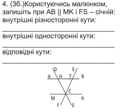 Користуючись малюнком, запишіть при AB || MK і FS – січній: внутрішні різносторонні кути: внутрішні