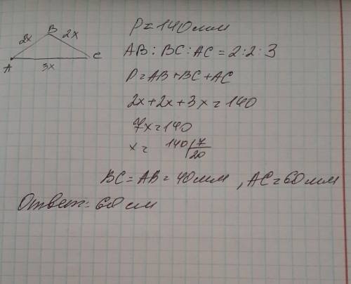 Знайдіть найбільшу сторону трикутника (в мм), якщо вони відносяться як 2 : 2 : 3, а периметр трикутн