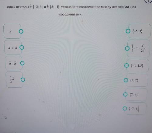 Установите соответствие между векторами и координатами