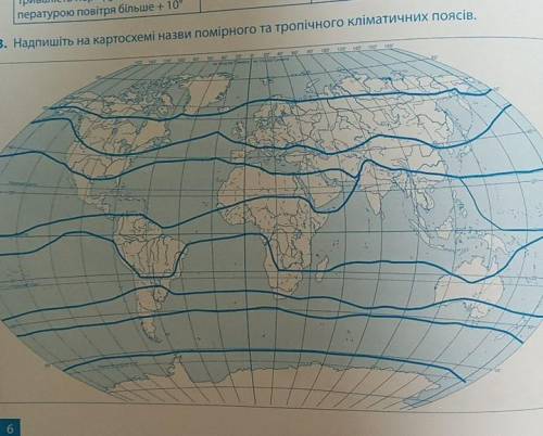 Напишіть на картосхемі назви помірного та тропічного кліматичних поясів