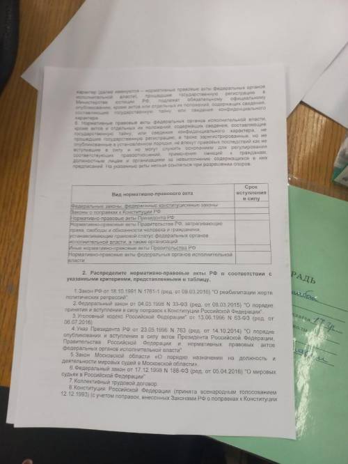 2 Задание. Распределите нормативно-правовые акты Р.Ф. в соответствии с указанными критериями, предст