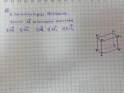 : В параллелепидеде ABCDA1B1C1D1 вектор AB ортогонален векторам: 1) DB 2)DB1 3) DC 4)AB1 5)B1C1