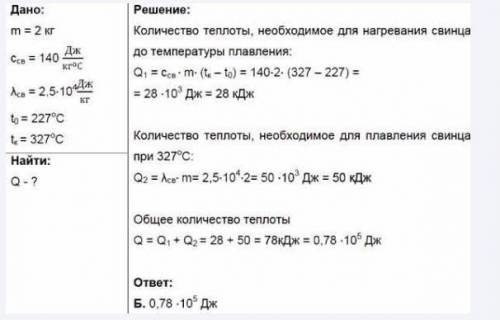 Рассчитайте количество теплоты, необходимое для плавления 4 кг свинца, имеющего температуру 327 град