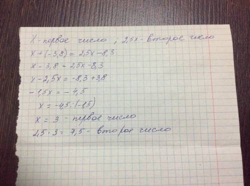 Второе число в 2,5 раза больше первого. Если к первому числу прибавить (-3,8), а из второго отнять 8