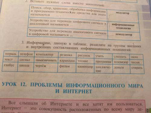 Информацию в таблице разделите на внешнюю и внутреннюю составляющих информационные технологии (задан