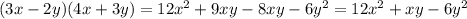 (3x - 2y)(4x + 3y) =12x^{2}+9xy-8xy-6y^{2} =12x^{2}+xy-6y^{2}