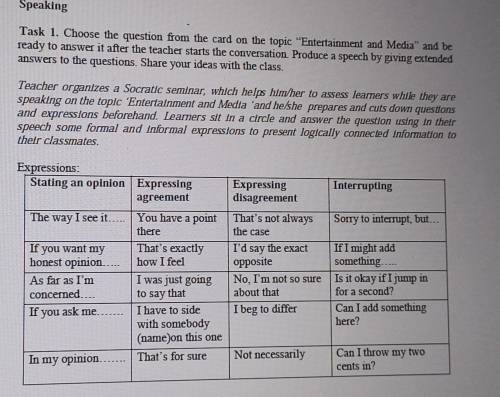 Speaking Task 1. Choose the question from the card on the topic Entertainment and fedia^ prime prime