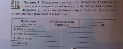 Задание 1. Возьмите химические стаканы и в каждый налейте воду и напитки для анализа. Погрузите унив