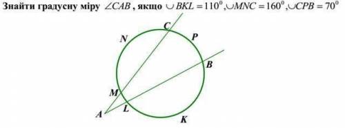 помгите знайти градусну міру CAB, якщо BKL=110, MNC=160, CPB=70 С решением