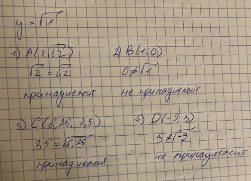 Не выполняя построения, определите, принадлежит ли графику функции y=√x точка: А(2;√2) ;В(1;0) ;С(6,