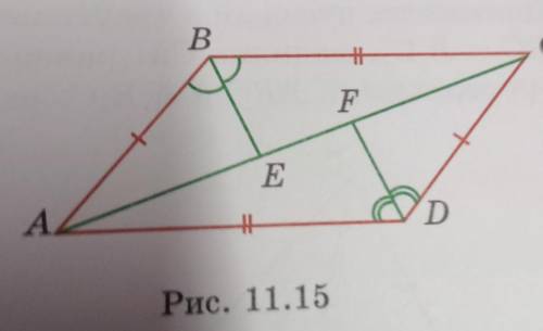 задание 11.13 На рисунке 11.15 АВ = CD, AD = BC, BE -Бессектриса угла ABC , a DF - бессектриса угла