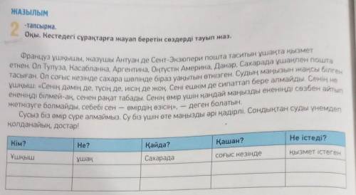 -тапсырма. Оқы. Кестедегі сұрақтарға жауап беретін сөздерді тауып жаз. еткен. Ол Тулуза, Касабланка,