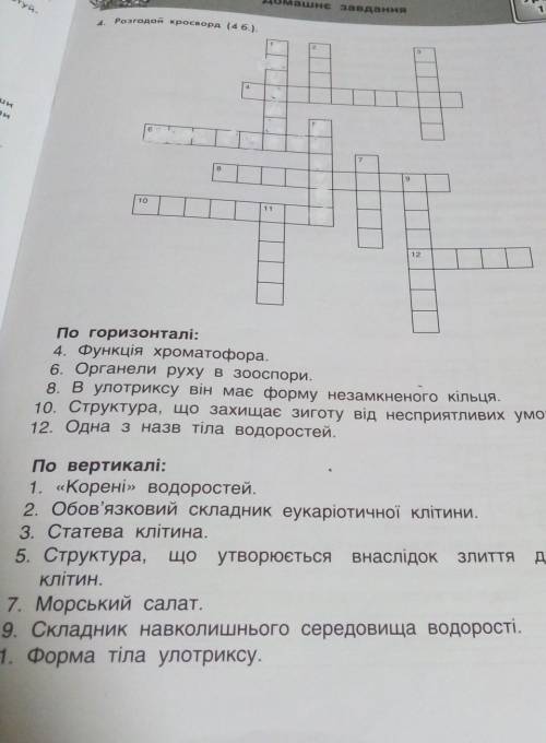 по горизонталі: 4. Функція хроматофора. в органели руху в зооспори. 8. вулотриксу він має форму неза