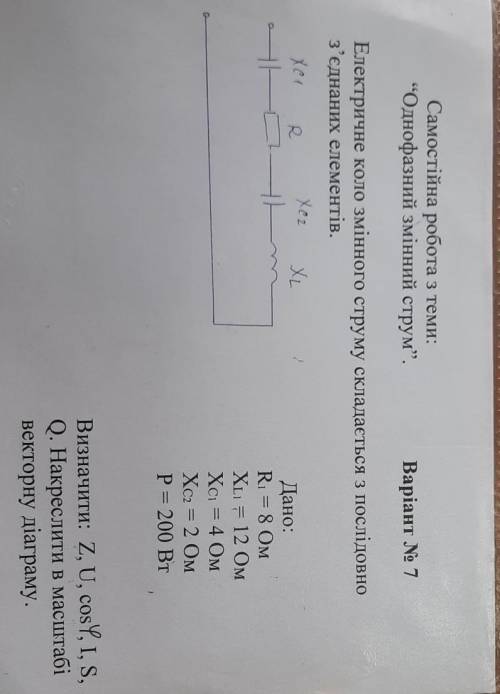 Електричне коло зміного струму складаеться з послідовного з'єднаних елементів Р1=8ом ХL1=12 om XC1=4