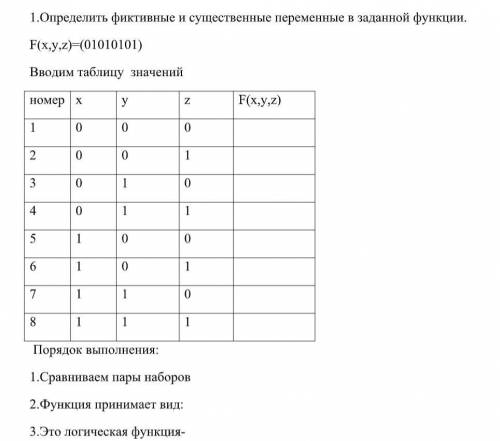 Определить фиктивные и существенные переменные в заданной функции. F(x,y,z)=(01010101)