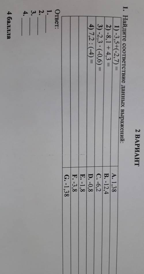 1. Найдите соответствие данных выражений: 1) -3,5+(-2,7) = 2) -8,1 +4,3 = 3) -2,3. (-0,6)= 4) 7,2 :(