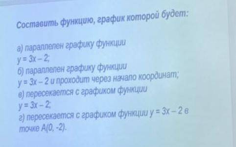 Составить функцию, график которой будет: а) параллелен графику функции у= 3х – 2Т б) параллелен граф