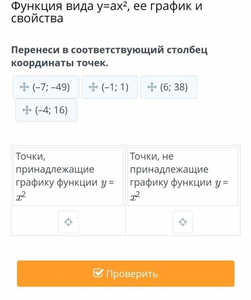 Функция вида y=ax², ее график и свойства. Перенеси в соответствующий столбец координаты точек. (–7;