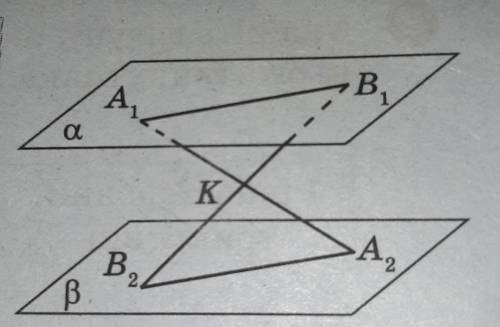 Через точку К проведено прямі A1,А2і В1,В2, що перетинають паралельні площини а і с точках A1, A2, B
