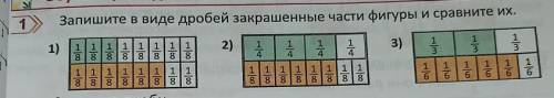 1 Запишите в виде дробей закрашенные части фигуры и сравните их.