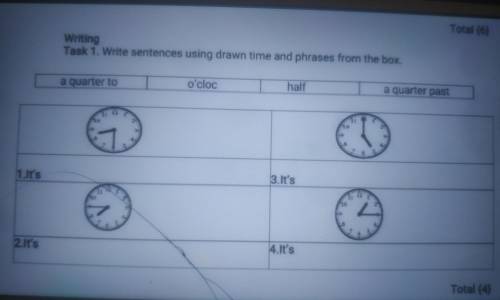 Total (6 Writing Task 1. Write sentences using drawn time and phrases from the box a quarter to o'cl