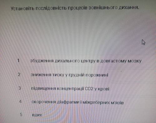 Установіть послідовність процесів зовнішнього дихання. 1 збудження дихального центру в довгастому мо