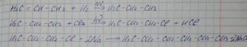 Осуществите цепочку превращений: С3Н6->C3H8->C3H7Cl->C6H14