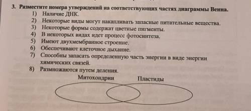 3. Разместите номера утверждений на соответствующих частях диаграммы Венна. 1) Наличие ДНК. 2) Некот